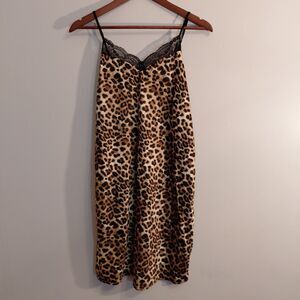 Y2K Euro Glam Leopard Print Satin Slip Dress L Lace Trim Indie Sleaze Mob Wife